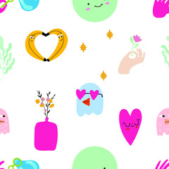 Seamless pattern and hand drawn texture. Different options for icons with emotions and moods. Vector flat illustration. Transparent background.