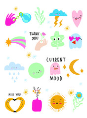 Seamless pattern and hand drawn texture. Different options for icons with emotions and moods. Vector flat illustration. Transparent background.
