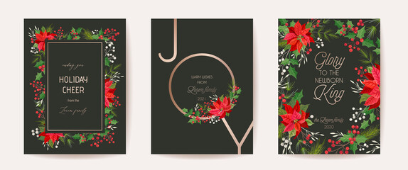 Poinsettia Vector Christmas Card, Floral Happy New Year 2021 Illustration, Pine Branches, Holly Berry, Mistletoe