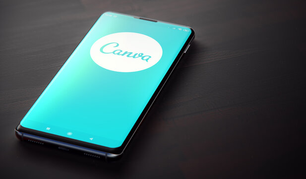 KYIV, UKRAINE-JUNE, 2020: Canva Mobile Application on the Cellphone Screen. CloseUp Studio Shot of Smartphone with Canva Application.