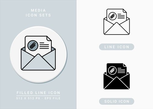 Media icons set vector illustration with solid icon line style. Email newsletter concept. Editable stroke icon on isolated background for web design, infographic and UI mobile app.