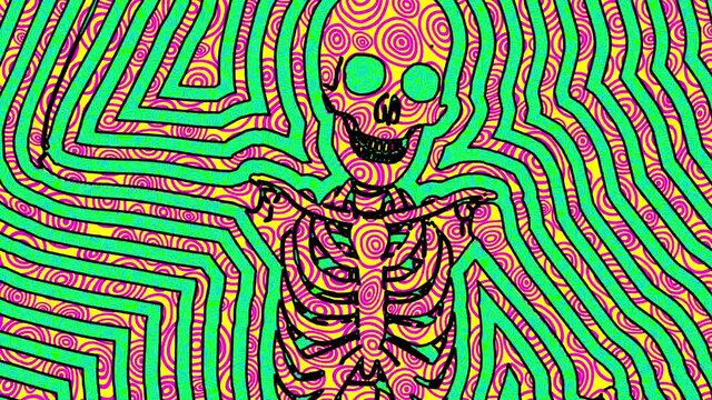 Sexy dancing skeleton in comic style, fluorescent textures and patterns. Halloween zine culture video loop with a doodle cartoon illustration look in stop motion 