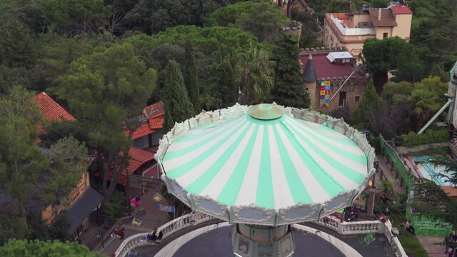 Barcelona City and Tibidabo Amusement Park. Stabilising shot over BCN seen from the Old retro amusement Park
