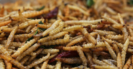 Bamboo worm fried, fried insects are a high protein foods.