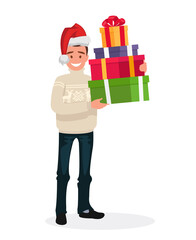 Handsome man dressed in a sweater and a Christmas hat is holding presents. New Year s sale.