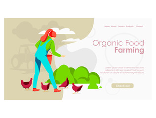 Organic food farming landing page. Woman farmer feeding chickens and taking care of poultry on farmyard. Eco farming, aviculture and agricultural industry website, homepage flat vector illustration
