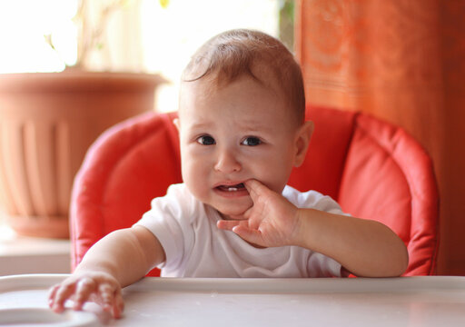 Adorable little baby boy sits in the highchair and chews his fingers. Baby teething.
