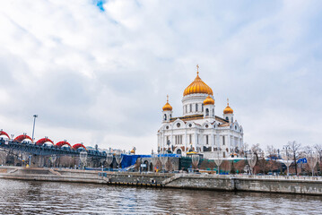 Orthodox Church of Christ the Saviour in Moscow Russia on a winter day under a cloudy sky