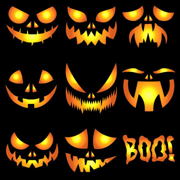Vector spooky glowing face isolated on dark background. Halloween pumpkin carving faces set. Scary eyes and mouth. Emojis for your celebration design. Vector Art Illustration.