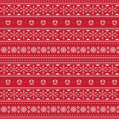 Christmas sweater seamless pattern with snowflakes and wreaths on red background