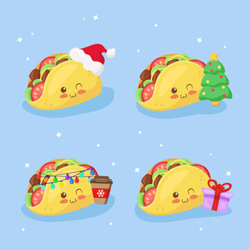 Kawaii Taco Christmas festive collection. Cute smiling cartoon characters illustration. Vector Xmas & New Year food set. Cafe seasonal promotion, sale, card, poster, menu. Adorable Mexican fast food.
