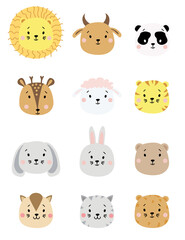 cute simple animal portraits. Set of color animal portraits - sheep and cow, lion and tiger, panda and deer, hare and bear, dog and cat. For childrens decoration, printing, textiles. Vector