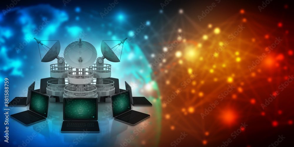 Poster 3d rendering computer network with satellite