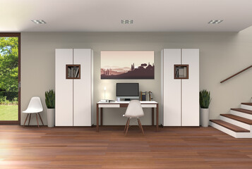 Naklejka na ściany i meble 3D rendering of a home office interior with modern furniture