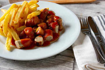 Curry sausage with french fries on a plate