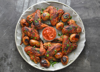 Chicken wings baked in soy-honey sauce. Fried chicken wings in a plate. Top view. Grey background. Free space for text.