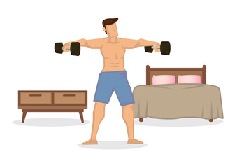 Strong fit man exercises with dumbbells at home in his spacious apartment. Fitness or healthy routine lifestyle