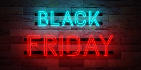 Neon black friday  text banner red and bluelight on brick wall. Night Sign. 3d rendering