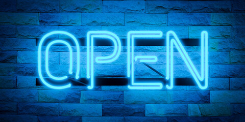 Obraz premium Neon open text banner Blue light on brick wall. Night Sign. 3d rendering