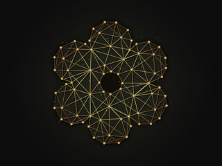 Flower symbol golden abstract illustration on dark background. Geometric shape polygonal template made from lines and dots.