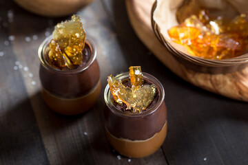 Rustic chocolate & salted caramel desserts in jars