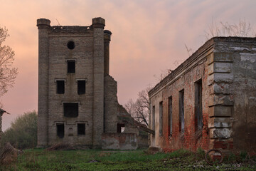 ruins of an old brick building. Historical and cultural heritage of Belarus. City Khoiniki Gomel region Borisovschanskaya manor