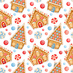 Cute cartoon Christmas seamless pattern. Christmas gingerbread houses seamless pattern on white background.