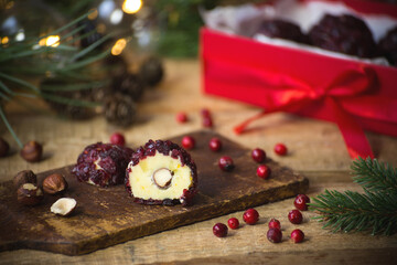 Christmas cranberry truffles in a red box