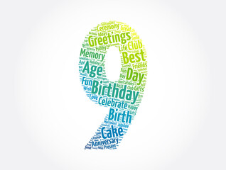 Happy 9th birthday word cloud, holiday concept background