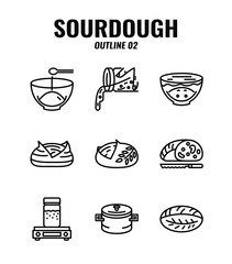 Outline icon set of homemade sourdough bread baking kit and process. icons set2