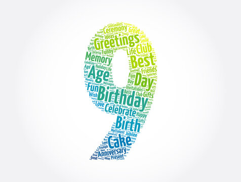 Happy 9th Birthday Word Cloud, Holiday Concept Background