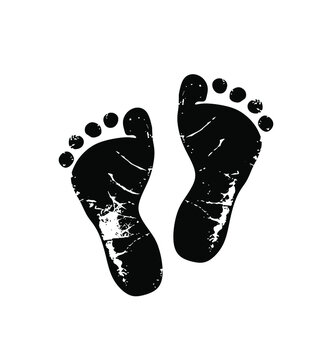 Vector baby footprints silhouette drawing print isolated on white background.Black Footsteps.Baby shower.New born.Heart shape.