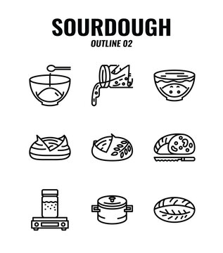 Outline Icon Set Of Homemade Sourdough Bread Baking Kit And Process. Icons Set2