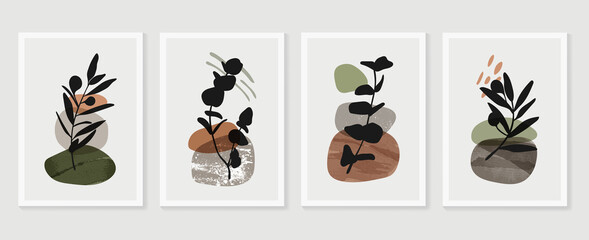 Botanical wall art vector set. boho Foliage line art drawing with  abstract shape.  Abstract Plant Art design for print, cover, wallpaper, Minimal and  natural wall art.