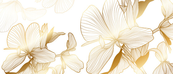 vecteur de papier peint d& 39 art de ligne florale d& 39 or de luxe. Fond botanique exotique, conception de ligne dorée de fleur d& 39 orchidée pour les textiles, l& 39 art mural, le tissu, l& 39 invitation de mariage, la conception de la couverture Illus