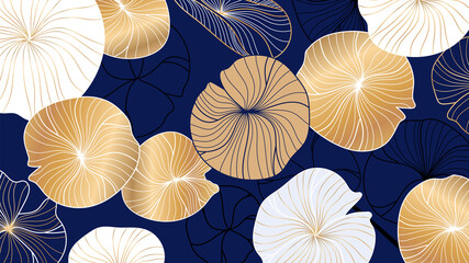 Gold lotus leaves background vector. Luxury natural golden and blue wallpaper design.
