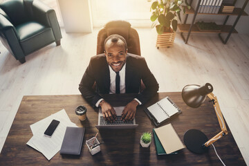 Top above high angle view of nice attractive chic skilled smart cheerful cheery guy writer marketer...