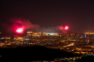 Final of the festival of La Mercè 2020 with fireworks distributed throughout the city of Barcelona...