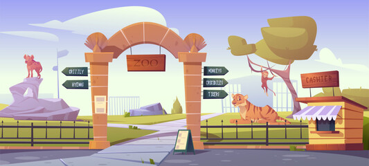 Zoo gates with pointers to wild animal cages monkeys, crocodiles, tigers, grizzly and hyenas. Outdoor park entrance with cashier booth, billboard, fencing and stone pillars Cartoon vector illustration