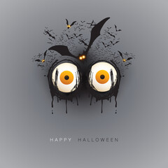 Happy Halloween Card Template - Creepy Face with Pop Out Eyes and Bats - Vector Illustration