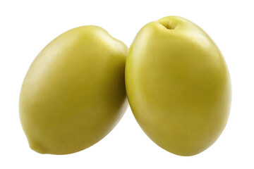 Close-up of two delicious green olives, isolated on white background