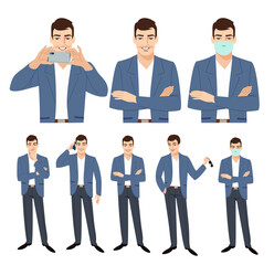 Character design - cartoon set of handsome businessman in a variety poses.  Vector illustration of a cartoon of a handsome businessman.