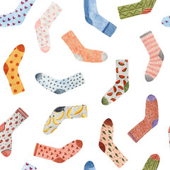 Set of socks on a white background seamless pattern. Print drawn with pencils on paper. Cozy autumn and winter illustration. New Year and Christmas wallpapers.