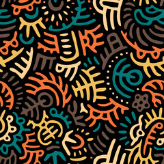 Seamless tribal pattern. Ethnic and aztec motifs. Patchwork ornament painted on a black background. Vector illustration. - 381593320