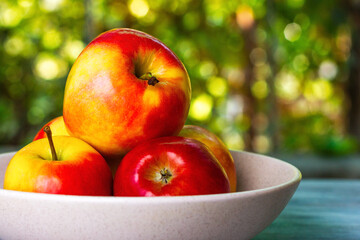 Apples on a light plate. Summer sunny bokeh background
