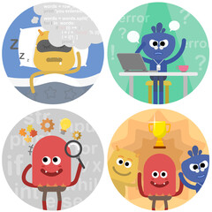 The vector of software engineer with cute monsters. Dreaming about code, thinking skills, debugging and teamwork. Creative flat design for web page and business presentation.
