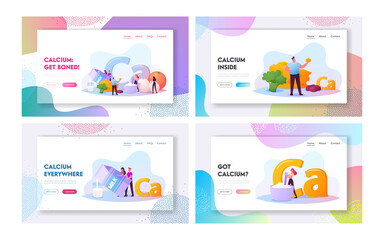 Characters Eating Food with Calcium, Vitamins and Minerals Landing Page Template Set. Healthy Lifestyle and Organic Food