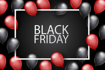 Black Friday banner design template. Big sale advertising promo concept with balloons and typography text in a frame. Vector illustration.