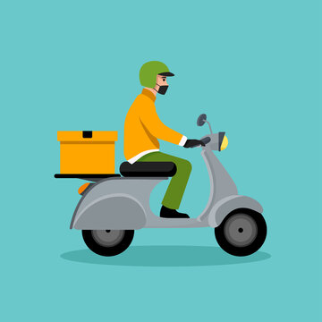 Delivery man riding a red scooter illustration. Food delivery man vector