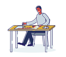 Man solving puzzle sitting at table play logic game for educational development